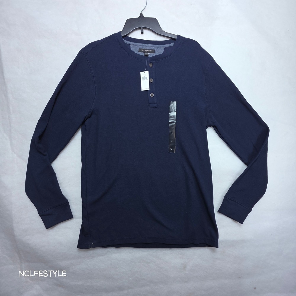 Banana Republic Factory Mens Navy Blue Waffle Knit Henley Shirt L 594435-02-1
